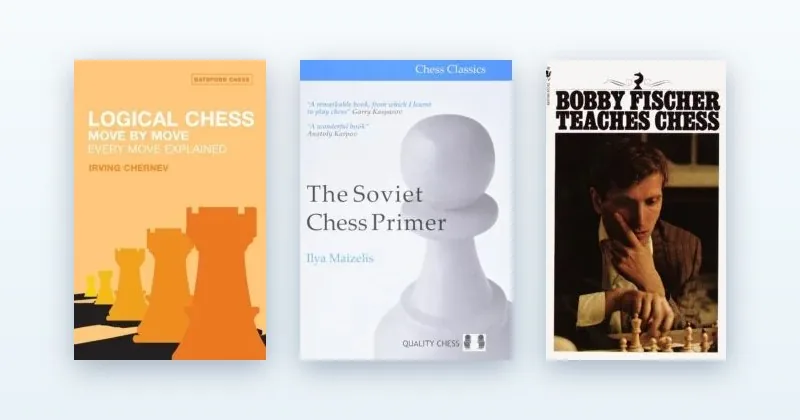 Portadas de Logical Chess: Move by Move, The Soviet Chess Primer y Bobby Fischer Teaches Chess