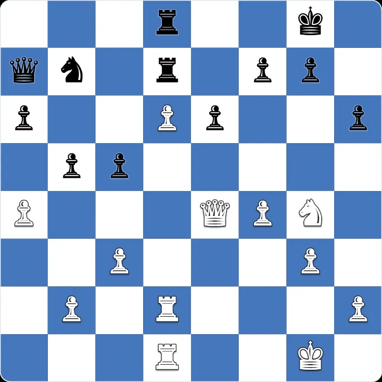 King's Indian Attack: the position just before 28.Qc6, the move that turned Anton Shuravin's own game
