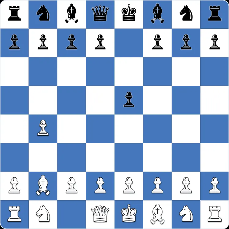 The starting position of the Polish Opening, after 1.b4 e5 2.Bb2