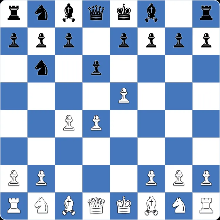 The starting position of the Alekhine Defense, after 1.e4 Nf6 2.e5 Nd5 3.d4 d6 4.c4 Nb6