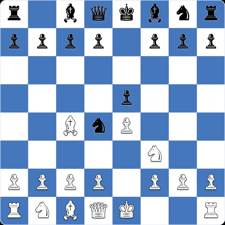 The starting position of the Blackburne-Shilling Gambit, after 1.e4 e5 2.Nf3 Nc6 3.Bc4 Nd4