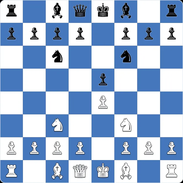 The starting position of the Four Knights Game, after 1.e4 e5 2.Nf3 Nc6 3.Nc3 Nf6