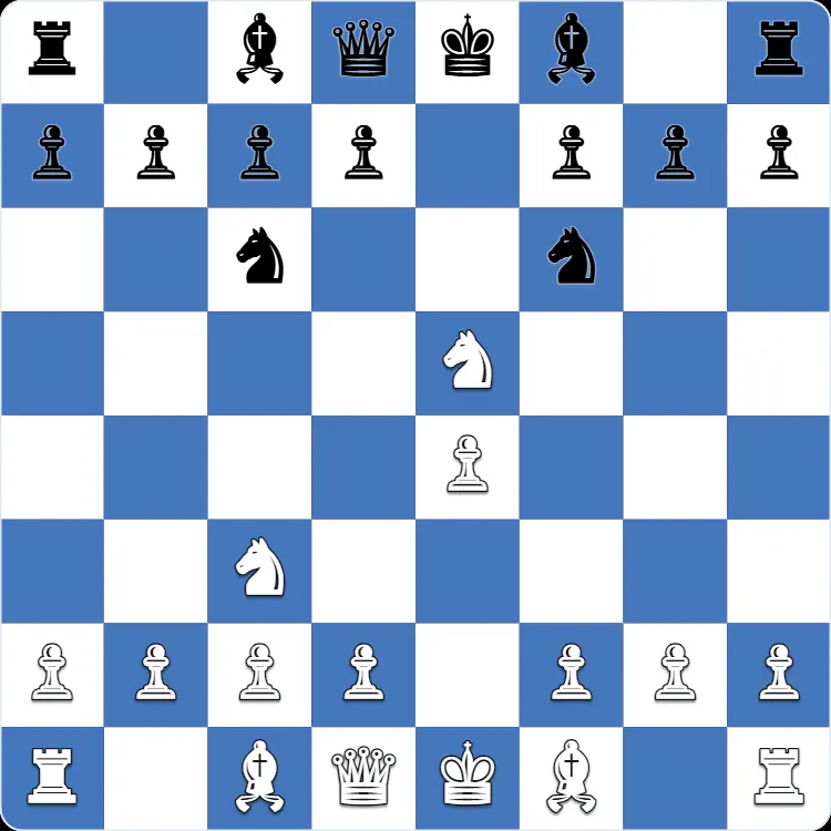 The starting position of the Halloween Gambit, after 1.e4 e5 2.Nf3 Nc6 3.Nc3 Nf6 4.Nxe5