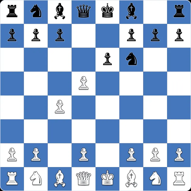 The starting position of the Icelandic Gambit, after 1.e4 d5 2.exd5 Nf6 3.c4 e6