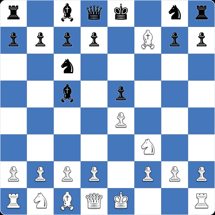 Posición inicial del gambito Jerome, tras 1.e4 e5 2.Nf3 Nc6 3.Bc4 Bc5 4.Bxf7+