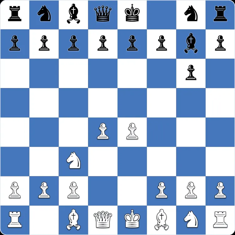 Posición inicial de la defensa moderna, tras 1.e4 g6 2.d4 Bg7 3.Nc3