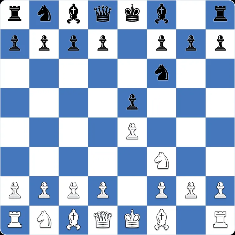 The starting position of the Petrov Defense, after 1.e4 e5 2.Nf3 Nf6