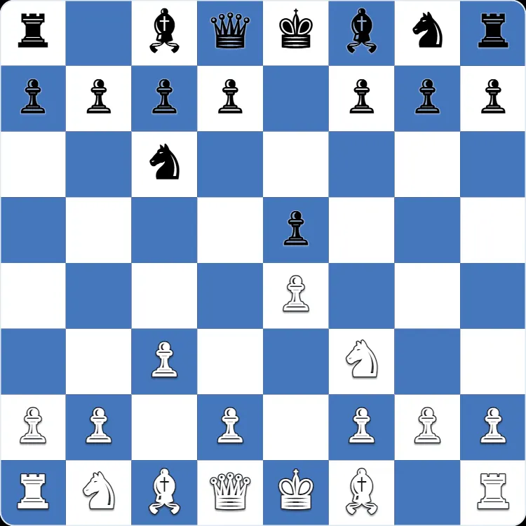 The starting position of the Ponziani Opening, after 1.e4 e5 2.Nf3 Nc6 3.c3