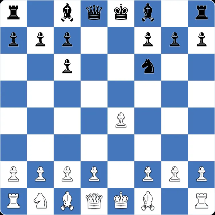 The starting position of the Stafford Gambit, after 1.e4 e5 2.Nf3 Nf6 3.Nxe5 Nc6 4.Nxc6 dxc6