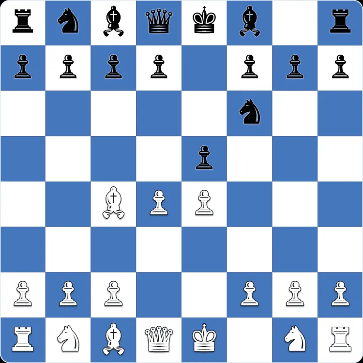 Posición inicial del gambito Urusov, tras 1.e4 e5 2.Bc4 Nf6 3.d4