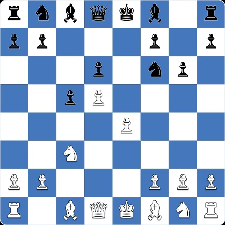 La posición inicial de la defensa Benoni, tras 1.d4 Nf6 2.c4 c5 3.d5 e6 4.Nc3 exd5 5.cxd5 d6 6.e4 g6