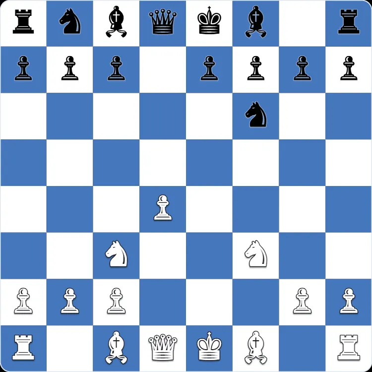 The starting position of the Blackmar-Diemer Gambit, after 1.d4 d5 2.Nc3 Nf6 3.e4 dxe4 4.f3 exf3 5.Nxf3