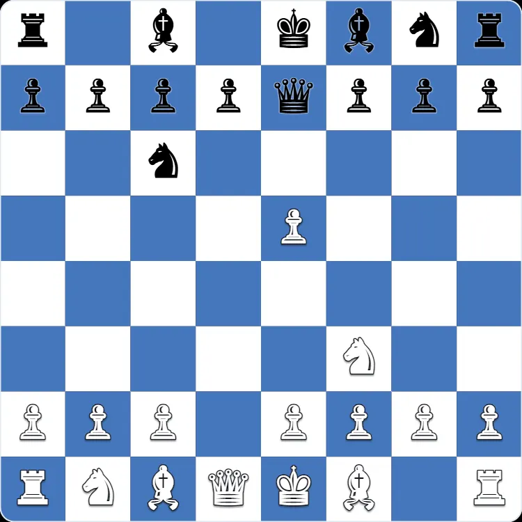 Posición inicial del gambito Englund, tras 1.d4 e5 2.dxe5 Nc6 3.Nf3 Qe7