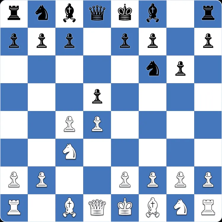 Posición inicial de la defensa Grünfeld, tras 1.d4 Nf6 2.c4 g6 3.Nc3 d5