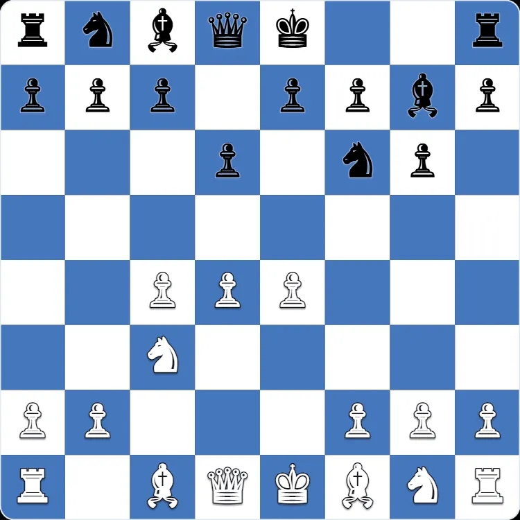 The starting position of the King's Indian Defense, after 1.d4 Nf6 2.c4 g6 3.Nc3 Bg7 4.e4 d6