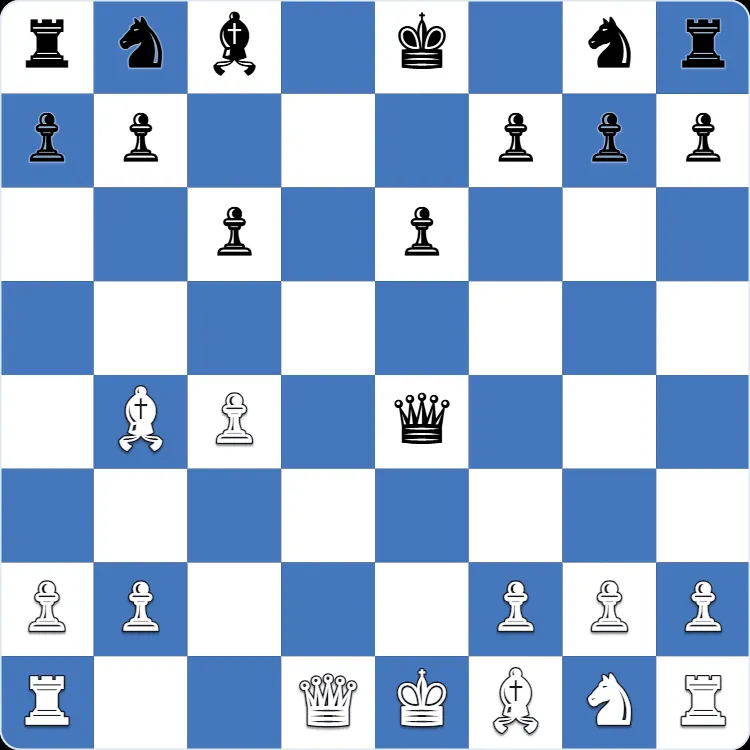 Posición inicial del gambito Marshall en la defensa semieslava, tras 1.d4 d5 2.c4 e6 3.Nc3 c6 4.e4 dxe4 5.Nxe4 Bb4+ 6.Bd2 Qxd4 7.Bxb4 Qxe4+