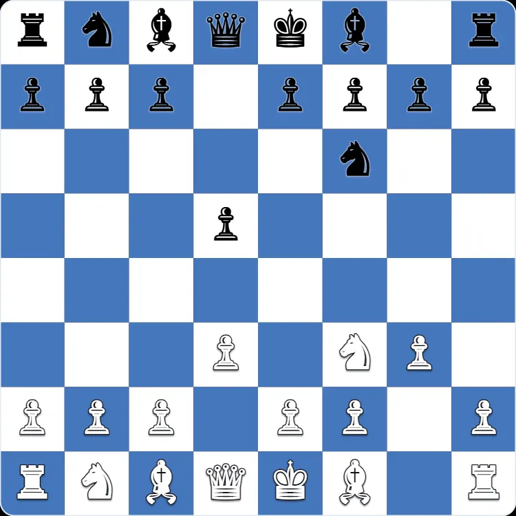 The starting position of the Mieses Opening, after 1.d3 d5 2.Nf3 Nf6 3.g3