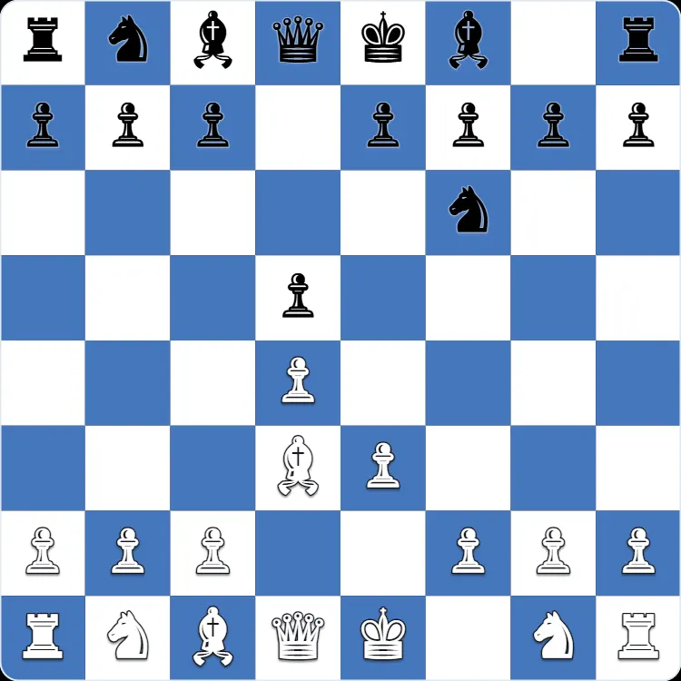 The starting position of the Stonewall Attack, after 1.d4 d5 2.e3 Nf6 3.Bd3