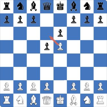 Шахматная доска после 1.e4 e6 2.e5 d5: белая пешка на e5 стоит рядом с чёрной пешкой на d5, а стрелка указывает на d6, поле, которое чёрная пешка перепрыгнула и на которое встаёт пешка при взятии на проходе.