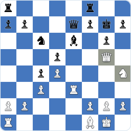 Middlegame — pieces developed on both sides and White massing against the castled king