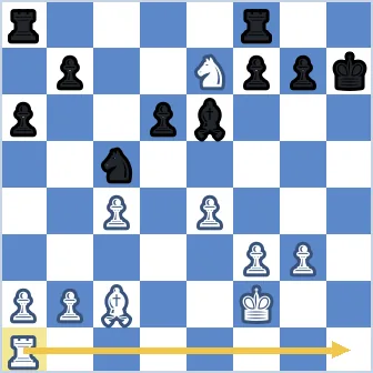 Black king on h7 sealed in by its own g7 pawn. White knight on e7 covers g6 and g8, the only sideways escape squares. The arrow shows the white rook swinging from a1 to h1, giving check up the open h-file and starting a forced mate.