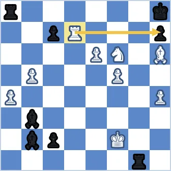 Black king cornered on h8. White rook moves from d7 to h7 (the arrow), capturing the h7 pawn with check. The white knight on f6 protects the rook on h7 and also covers the g8 escape square, so the king cannot capture, cannot block, and cannot run. Checkmate.