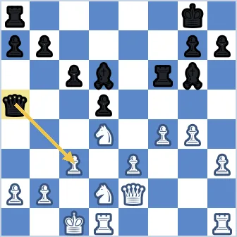 White king on c1, sheltered by pawns on a2, b2, c3, and a knight on d2. Black queen on a5 is about to capture on c3 with check (arrow from a5 to c3). After the forced reply bxc3, Black's dark-squared bishop on d6 swings to a3 for checkmate, because the b2 pawn has vacated and no White piece can block or capture on a3.