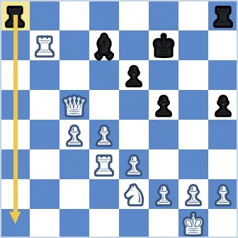 Black to move. White king on g1, boxed by its own pawns on f2, g2, and h2. Black rook on a8, with the a-file open all the way down. The arrow shows the rook sliding from a8 to a1, delivering check on the back rank and starting a four-move forced mate.