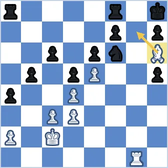 Black king on h8 with knight on f6 and pawn on h7. White rook sits on g1 covering the whole g-file. The arrow runs from the white bishop on h6 to g7, the check that pushes the black king to g8 so the bishop can then capture the f6 knight with mate.
