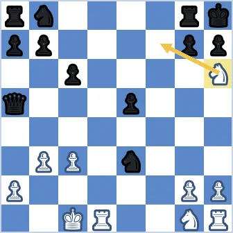 Black king cornered on h8. A white knight on h6 hops to f7 to deliver checkmate. The arrow runs from h6 to f7. The king cannot capture the knight (h8 and f7 are not adjacent), cannot move to g8 (own rook), and cannot move to g7 or h7 (own pawns).