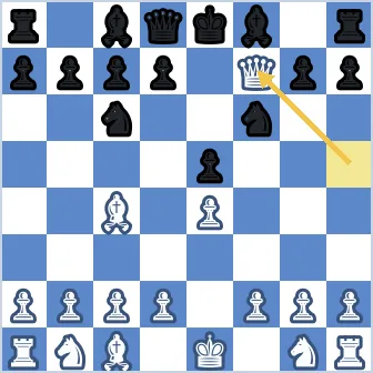 Final position after White plays queen takes f7 with checkmate. The white queen sits on f7 next to Black's king on e8, defended by the white bishop on c4. Black's pawn structure is a7, b7, c7, d7, e5, g7, h7, with knights on c6 and f6 and the back rank still holding rook a8, bishop c8, queen d8, bishop f8, rook h8. White's other pieces remain on their starting squares apart from the pawn on e4, the bishop on c4, and the queen now on f7. Black cannot capture the queen with the king because the c4-bishop covers f7, and there is no square for the king to run to.