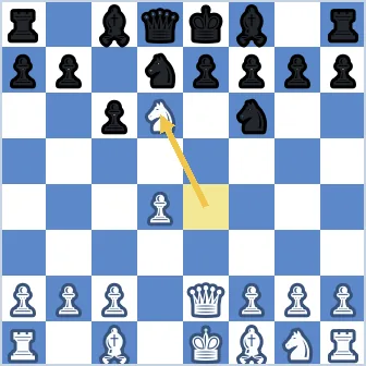 Final position after the white knight lands on d6 with check. Black's king sits on e8, blocked by its own knight on d7, queen on d8, bishop on f8, and pawns on e7 and f7. The white queen on e2 stares down the e-file, which pins the e7 pawn and makes the knight on d6 impossible to capture. White's king is on e1, with a bishop on c1 and f1, a knight on g1, and rooks on a1 and h1. Black's other knight is on f6, bishop on c8, rook on a8 and h8, with pawns on a7, b7, c6, f7, g7, h7.
