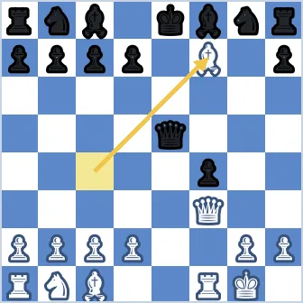 White bishop sits on f7 giving check to the black king on e8. White has already given up a knight and the e-pawn, and now sacrifices a second piece. The black queen is exposed on e5, the f-file is wide open behind a white rook on f1, and the white queen on f3 is aimed straight at the bishop and the king. Black must capture the bishop with the king, after which 9.d4 hits the queen and opens lines for the c1-bishop.