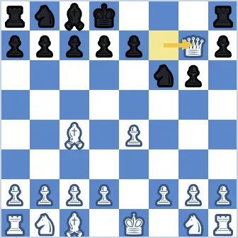 Final position after 5.Qxg7. The white queen sits on g7, having just captured the dark-squared bishop, with support from the bishop on c4 that still eyes the f7-square. The black king has been chased to d8, blocking its own rook on a8 and bishop on c8, and the knight on f6 cannot recapture because the queen is defended along the long c4-h7 diagonal-adjacent path by the c4-bishop's earlier coverage of f7. Black has lost a pawn and a bishop for nothing and has lost the right to castle.