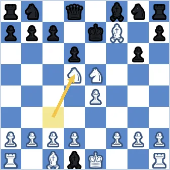 Final position after 7.Nd5#. The black king sits on e7, boxed in by its own queen on d8, bishop on f8, and pawn on d6. The white knight on d5 delivers check, the white knight on e5 covers d7 and f7, and the white bishop on f7 covers e8 and e6. Black still has the white queen captured on d1, but every escape square is taken or attacked, and no black piece can capture or block the knight on d5.