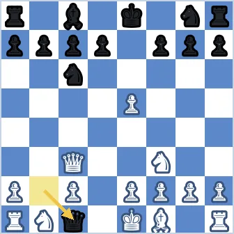 Final position with the Black queen on c1 delivering checkmate to the White king on e1. The c2 pawn blocks the White queen on c3 from capturing back along the c-file, the d1 square is covered by the Black queen along the first rank, and e2 and f2 are blocked by White's own pawns. White's king has no legal move, no block fits on d1, and no piece can take the queen, so the game is over.