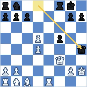 Final position after Black plays Qh4 check. The black queen sits on h4 attacking the white king on h2. White's queen on f3 must drop back to h3 to block, after which the undefended white rook on e1 falls to Qxe1. Black has king on g8, rooks on a8 and f8, knight on b8, pawns on a7, b7, c7, g7, h7, and f5. White has king on h2, queen on f3, rook on a1 and e1, bishop on c1, knight on b1, pawns on a2, b2, d4, d5, and g2.