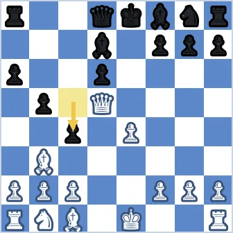 Position after Black's eleventh move c5 to c4. White's light-squared bishop sits on b3, hemmed in by Black pawns on a6, b5, and c4. The b3 bishop has no safe retreat: Ba4 runs into the b5 pawn, and Bxc4 is met by bxc4, leaving the bishop won for a pawn. White's queen stands on d5, Black's bishops on d7 and f8, Black's king still on e8.