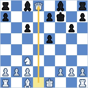 Final position after 10.Qxd8 in the Magnus Smith Trap. White queen sits on d8 next to the Black bishops on c8 and f8 and the rooks on a8 and h8. The Black king stands on f7 with pawns on a7, c6, e5, e7, g6, h7. White has a knight on c3, a bishop on c1, a king on e1, rooks on a1 and h1, and pawns on a2, b2, c2, f2, g2, h2. White is up a full queen.
