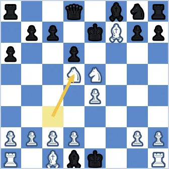 Final position after 9.Nd5 checkmate. The Black king sits on e7. A White knight on d5 gives check and covers e7, f6, and c7. A White knight on e5 covers d7, f7, and c6. A White bishop on f7 covers e6, e8, and g8. Black's own bishop on f8 blocks that escape square, and the Black queen on d8 blocks d8. The Black bishop on d1 has just captured the White queen, but it cannot help the king. White has knights on d5 and e5, a bishop on f7, and king on e1. Black has king on e7, queen on d8, bishop on f8, knight on g8, rooks on a8 and h8, and a stray bishop on d1.