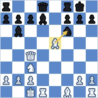 White king on c1, Black king on g8. Black has a bishop on d7 defended by the knight on f6. The arrow points from White's bishop on e5 to f6, showing the capture that removes the defender. The follow-up Rxd7 then wins the now loose bishop.