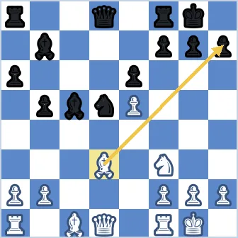 Black king sits on g8 behind pawns on f7, g7, h7. White bishop on d3 swings the long diagonal to capture the h7 pawn with check (arrow d3 to h7). The white knight on f3 stands ready to jump to g5 next, and the queen on d1 has a clear path toward the h-file.
